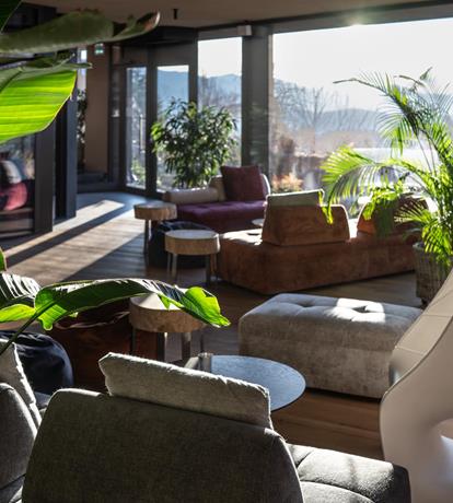 bar lounge con vetrate sul giardino, vista panoramica e pezzi design sedia nemo driade