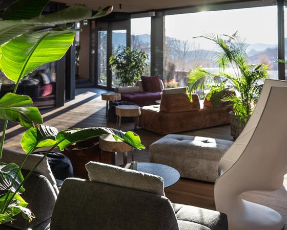 bar lounge con vetrate sul giardino, vista panoramica e pezzi design sedia nemo driade