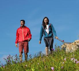 coppia con cane in passeggiata